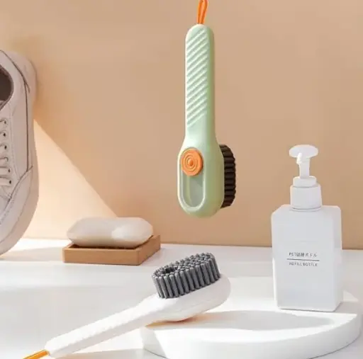 SHINE GENIX Soap Dispenser Cleaning Brush with Handle, Reusable Soap Dispensing Shoe Brush for Shoes, Clothes Cleaning - 2 in 1 Shoe Cleaner, Scrubber with Soap